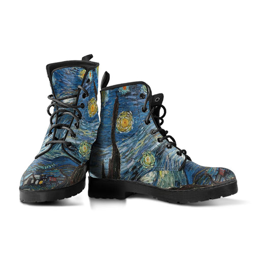 van gogh's starry nights women's combat boots vegan leather – Sole Design Studio