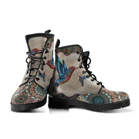 Hummingbird Vintage Mandala Women's Vegan Leather Combat Boots