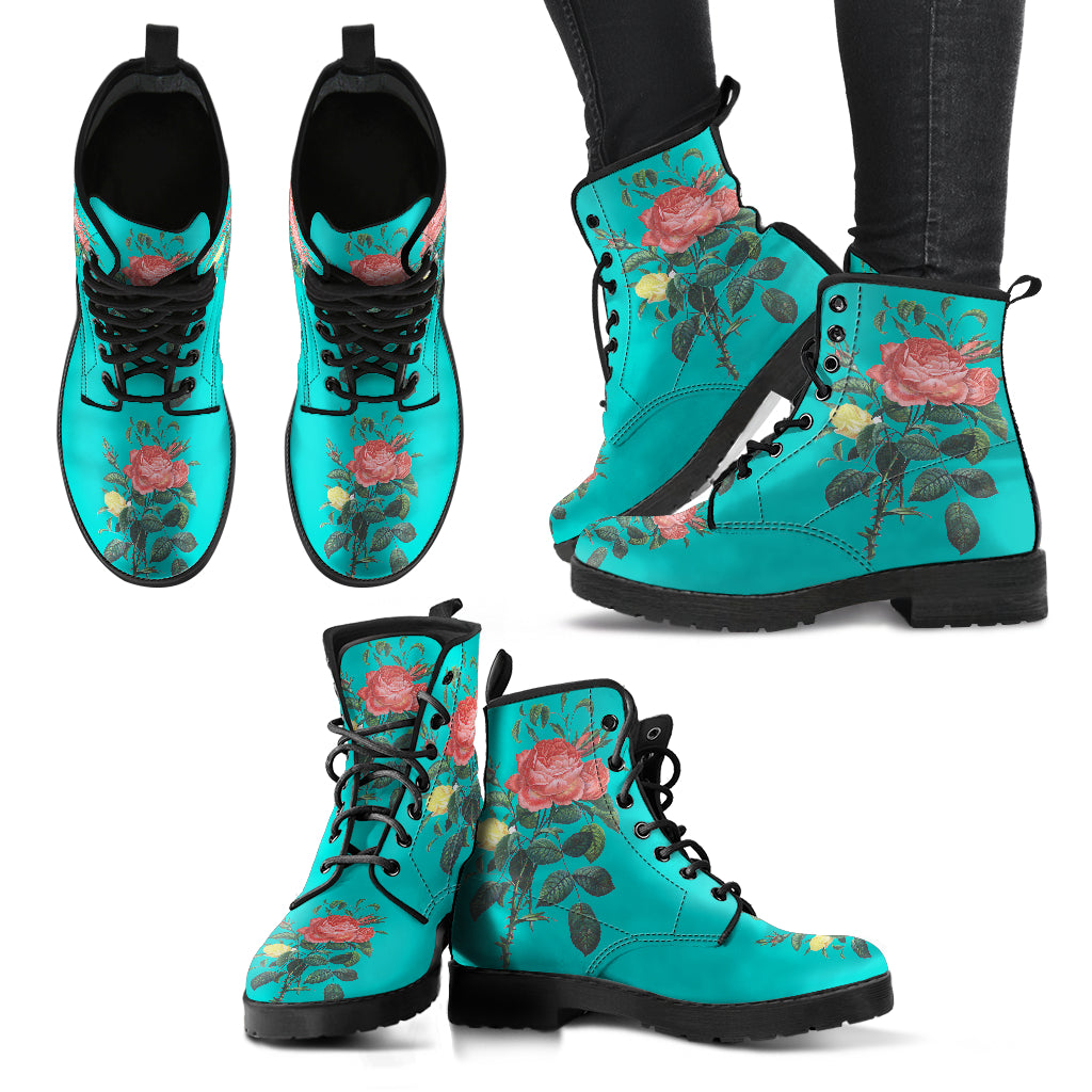 Blue Rose Floral Print Womens Vegan leather Boots