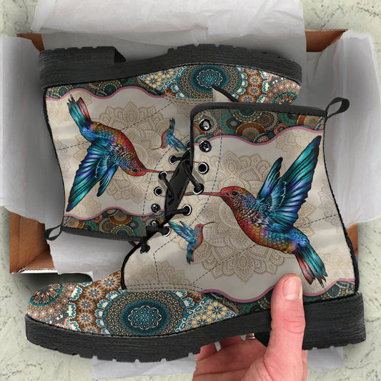 Hummingbird Vintage Mandala Women's Vegan Leather Combat Boots