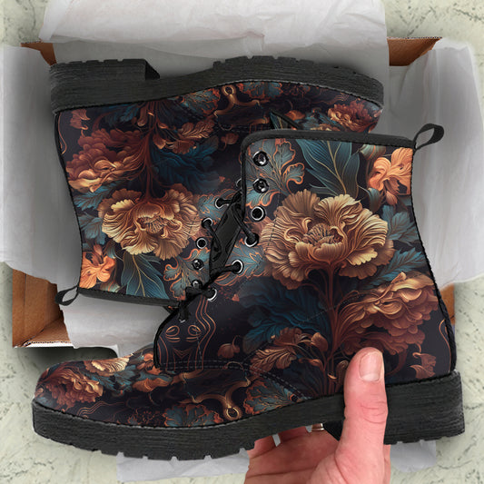 Dark Peony Floral Women's Vegan Leather Boots