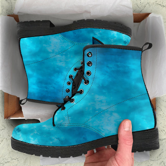 Blue Distressed Grunge Women's Vegan Leather Combat Boots