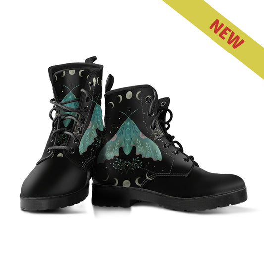 Luna Moth Moon Phase Women's Vegan Leather Combat Boots