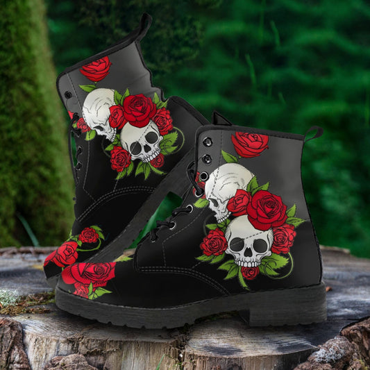 Skulls and Red Roses Women's Vegan Leather Combat Boots