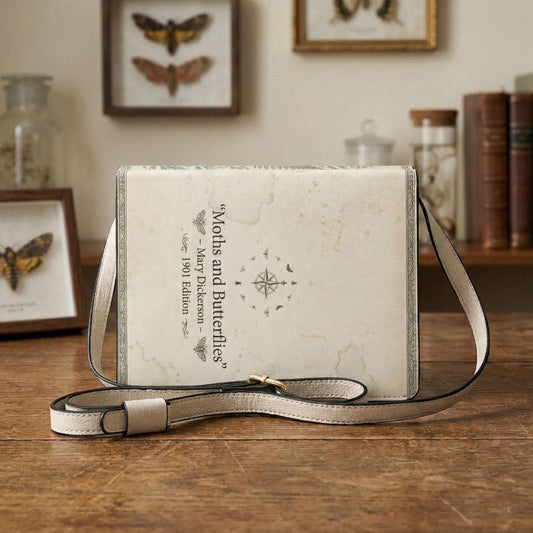 moths and butterflies mary dickerson natural history book-shaped crossbody bag vegan leather – Sole Design Studio