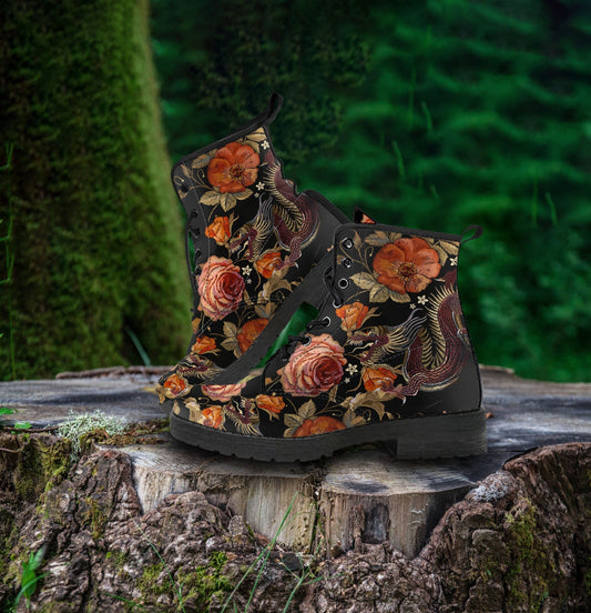 Two Chinese Dragons with Rose Flowers Women's Vegan Leather Boots