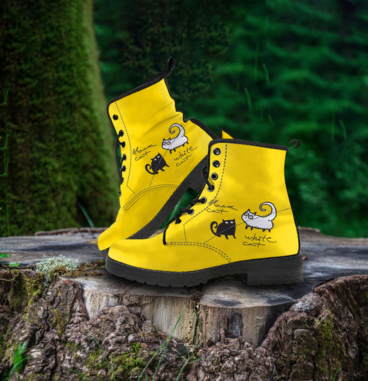 White Cat, Black Cat, Yellow Women's Vegan Leather Combat Boots