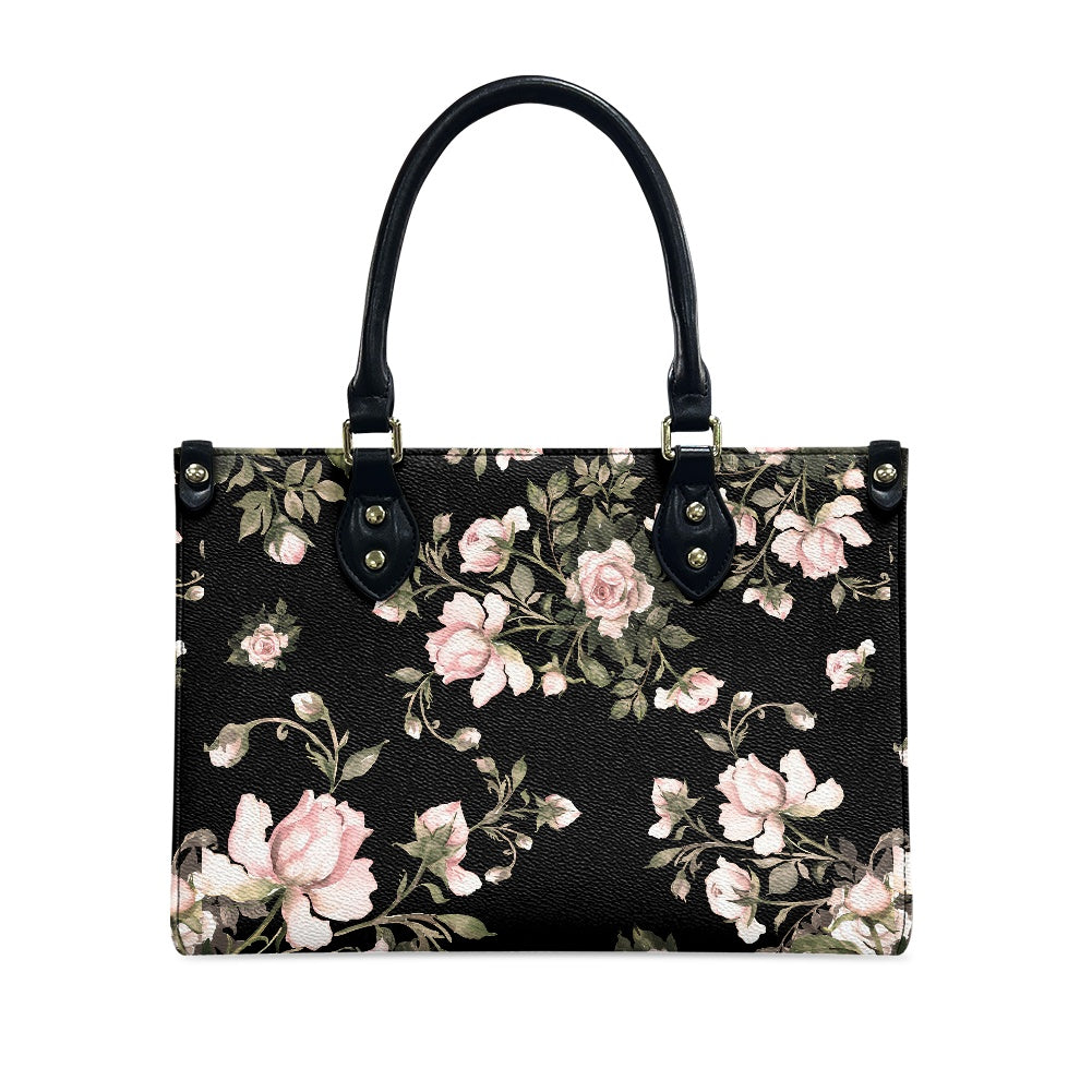 Black Floral Pattern Women's Vegan Leather Handbag