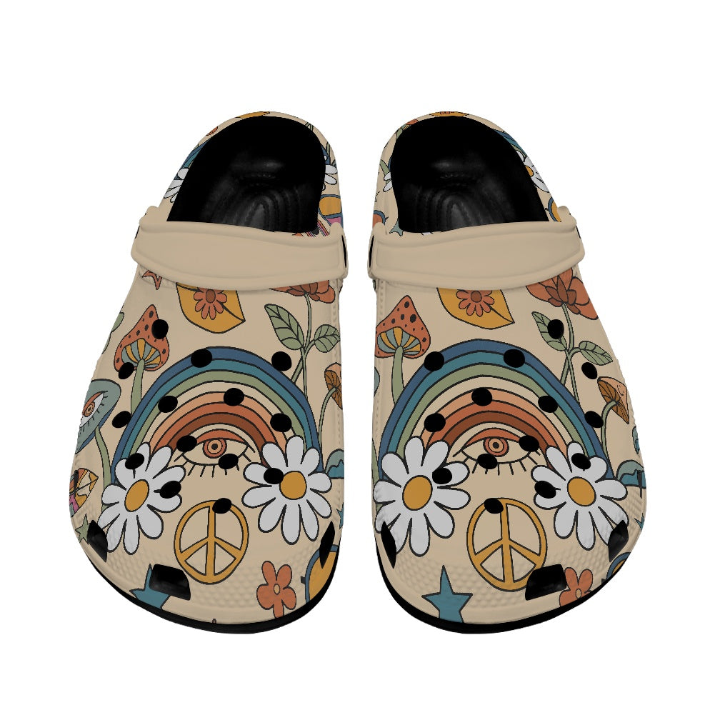 Boho Rainbow and Trippy Mushrooms Women's Clogs Black Sole