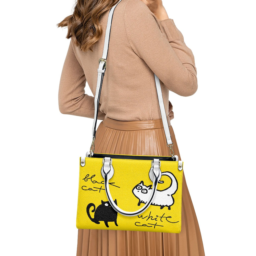 Black and White Cat on Yellow Women's Vegan Leather Handbag