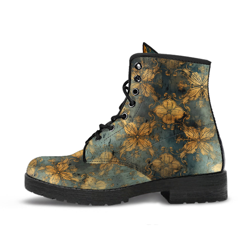 Vintage Floral Golden Motif Women's Vegan Leather Combat Boots