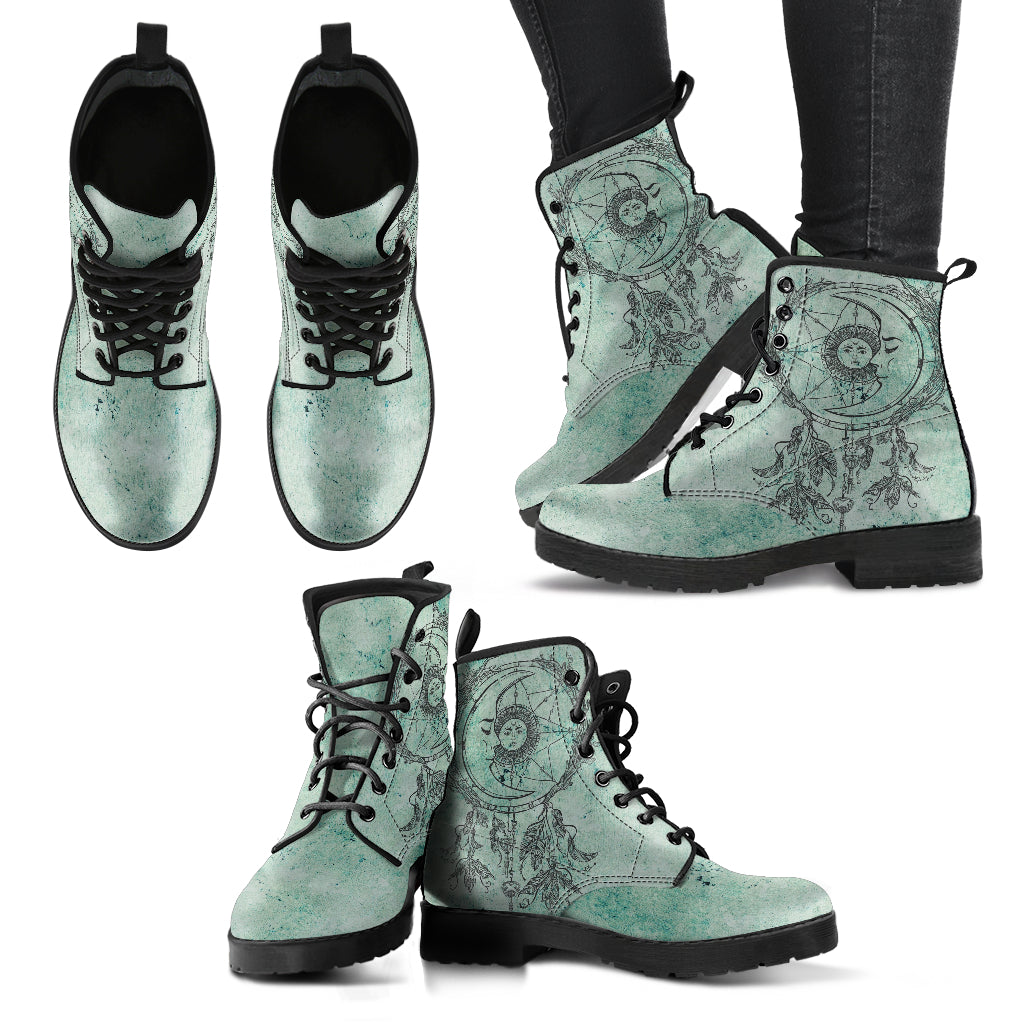 Teal Celestial Dream Catcher Women's Vegan Leather Combat Boots