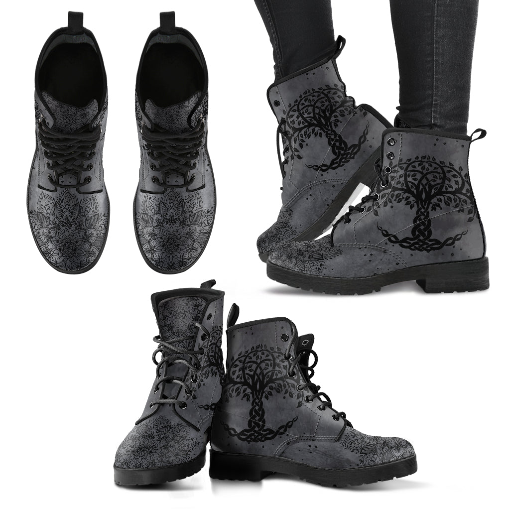 Grey Tree Of Life Handcrafted Women Vegan Leather Boots