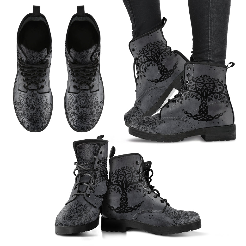 Grey Tree Of Life Handcrafted Women's Vegan Leather Boots