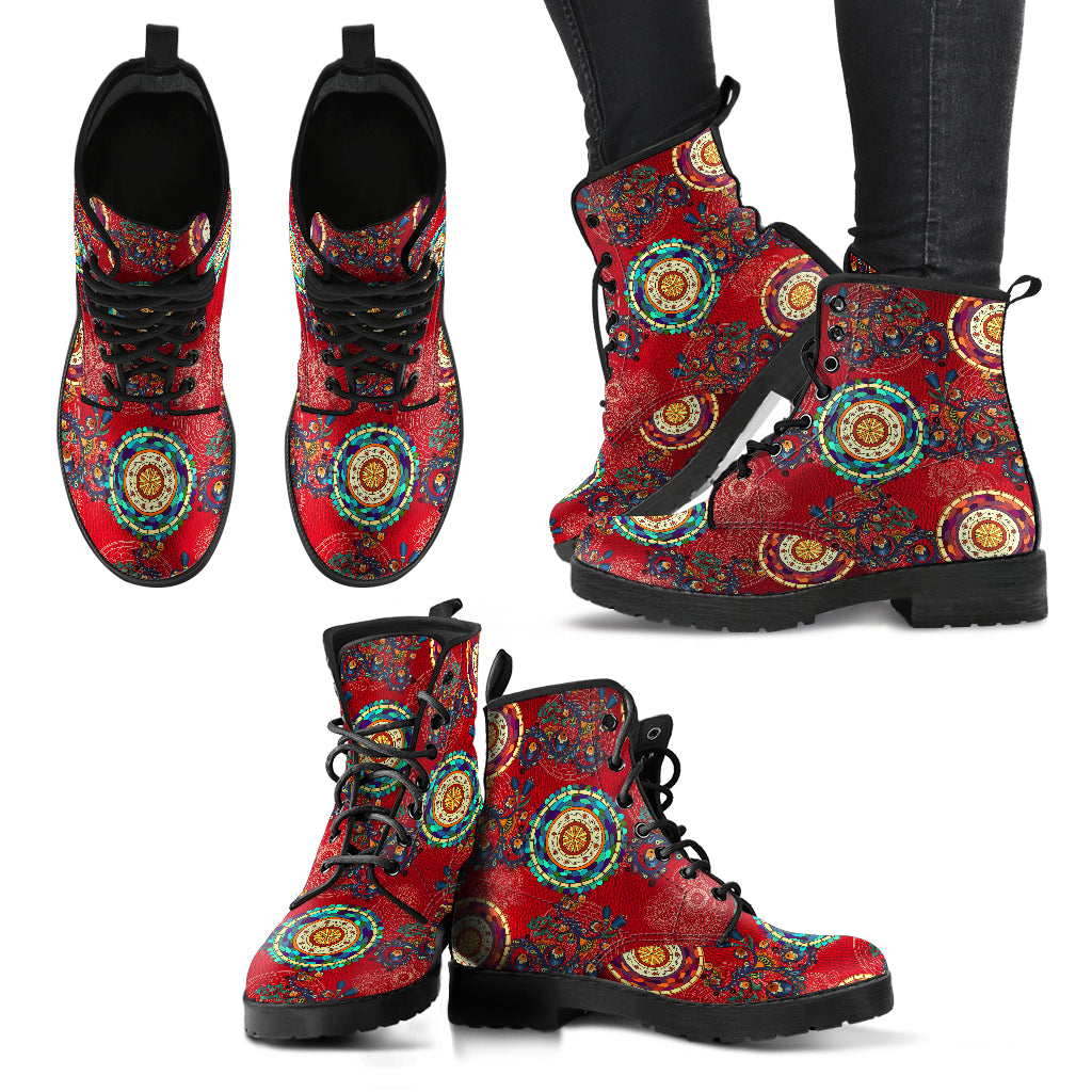 Handcrafted Paisley Mandala Women's Vegan Leather Combat Boots