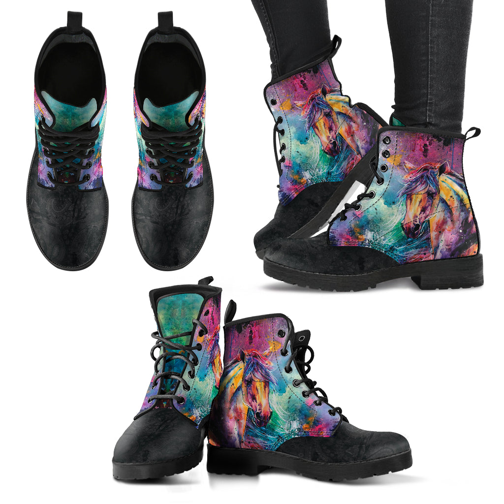 Colorful Horse Head Women's Vegan Leather Combat Boots