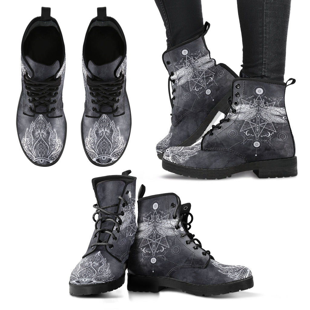 Dragonfly Lotus Handcrafted Women's Vegan Leather Combat Boots