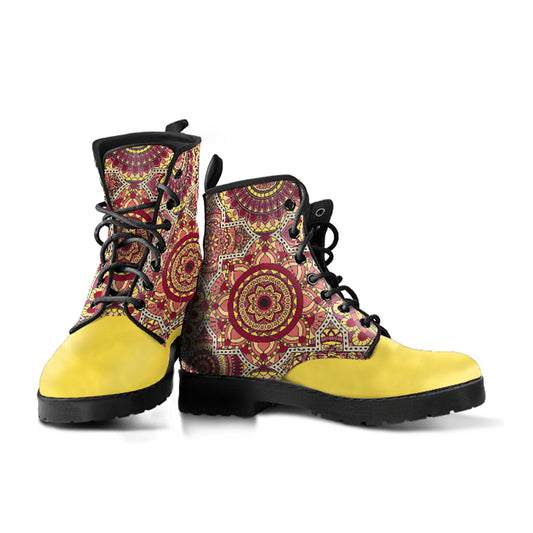 Yellow Mandala Ornaments Handcrafted Women's Combat Vegan Leather Boots