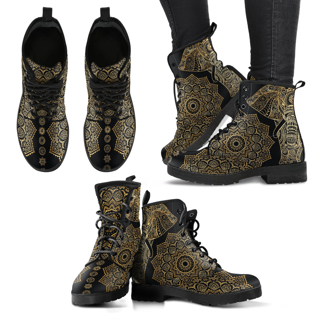 Elephant Mandala Vegan Leather Combat Boots - READY TO SHIP