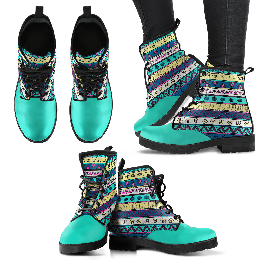 Southwestern Tribal Pattern Women's Vegan Leather Combat Boots