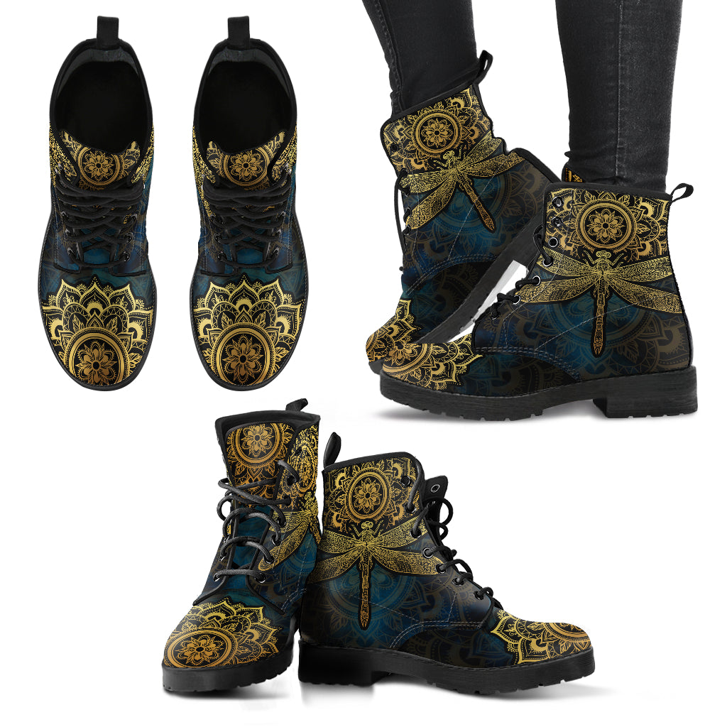 Mandala Dragonfly Gold Handcrafted Women's Vegan Leather Combat Boots