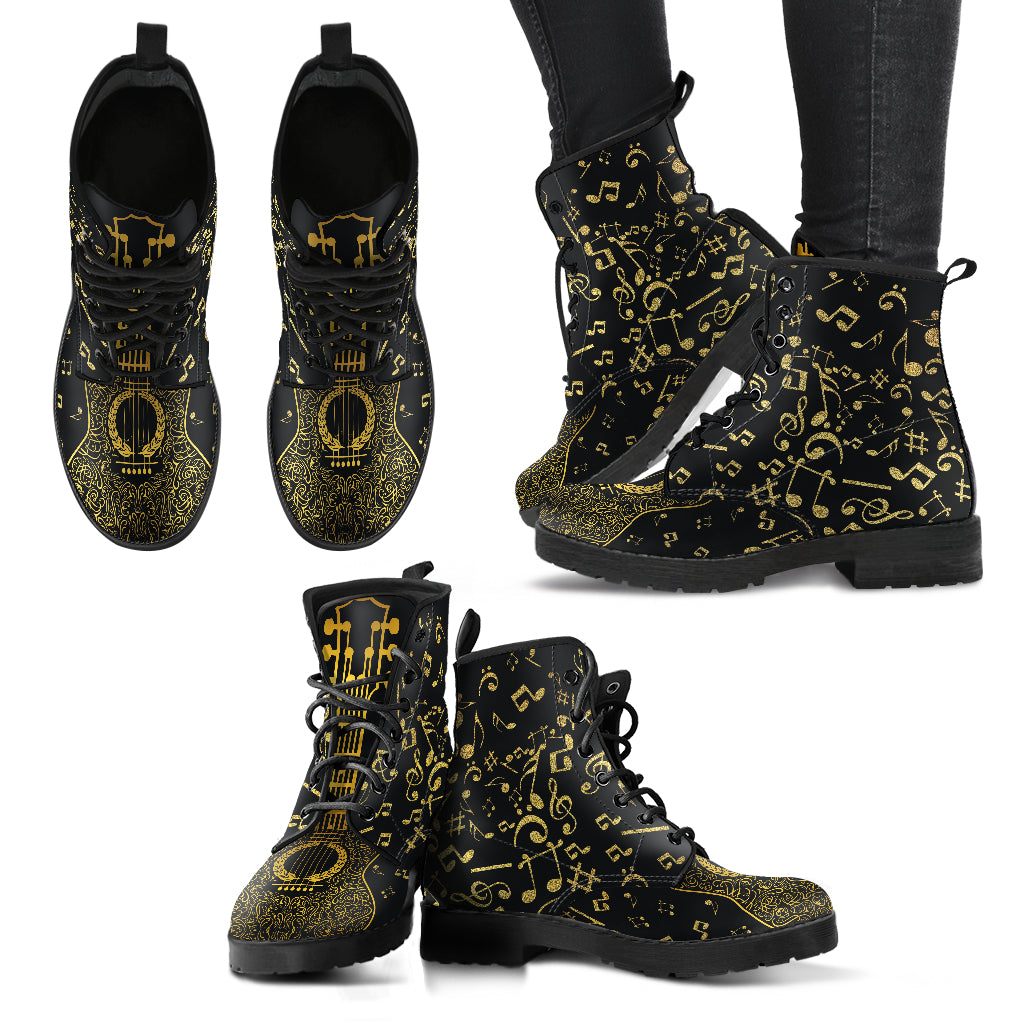 Gold Music Notes Women's Vegan Leather Combat Boots