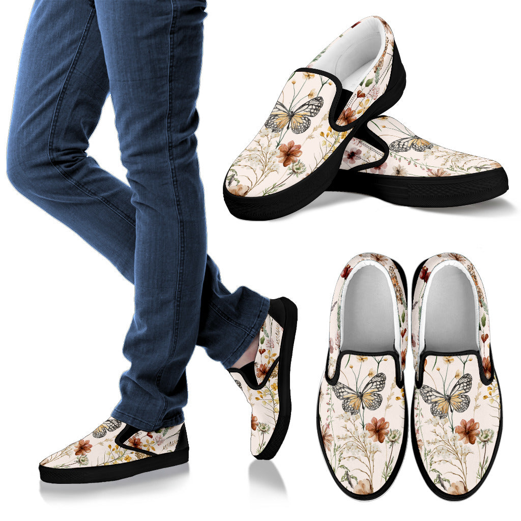 Tiny Bloom Watercolor Butterfly Women's Slip Ons