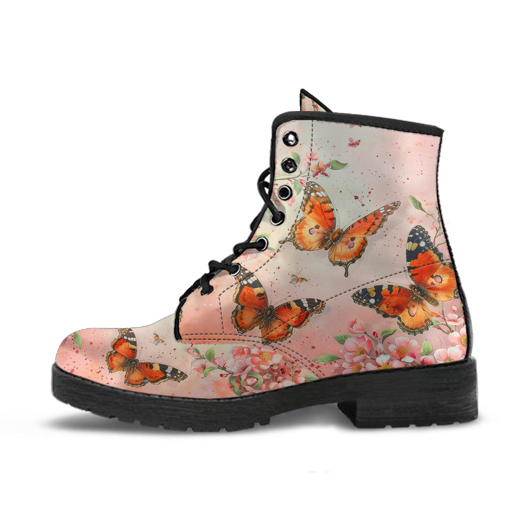 Watercolor Spring Butterfly Women's Vegan Leather Combat Boots