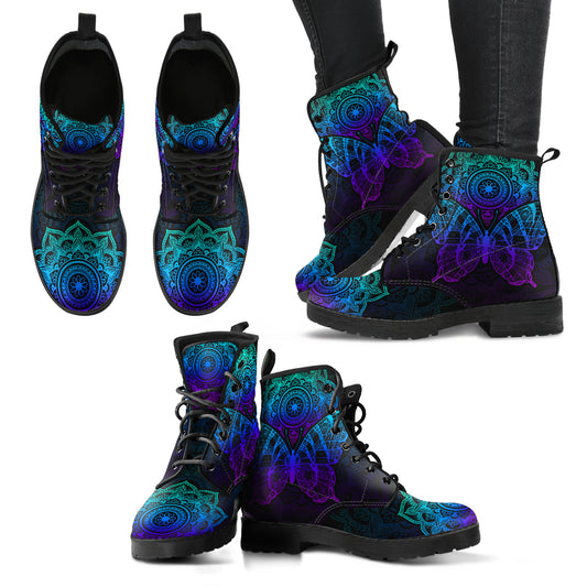 Handcrafted Mandala Butterfly Women's Vegan Leather Combat Boots