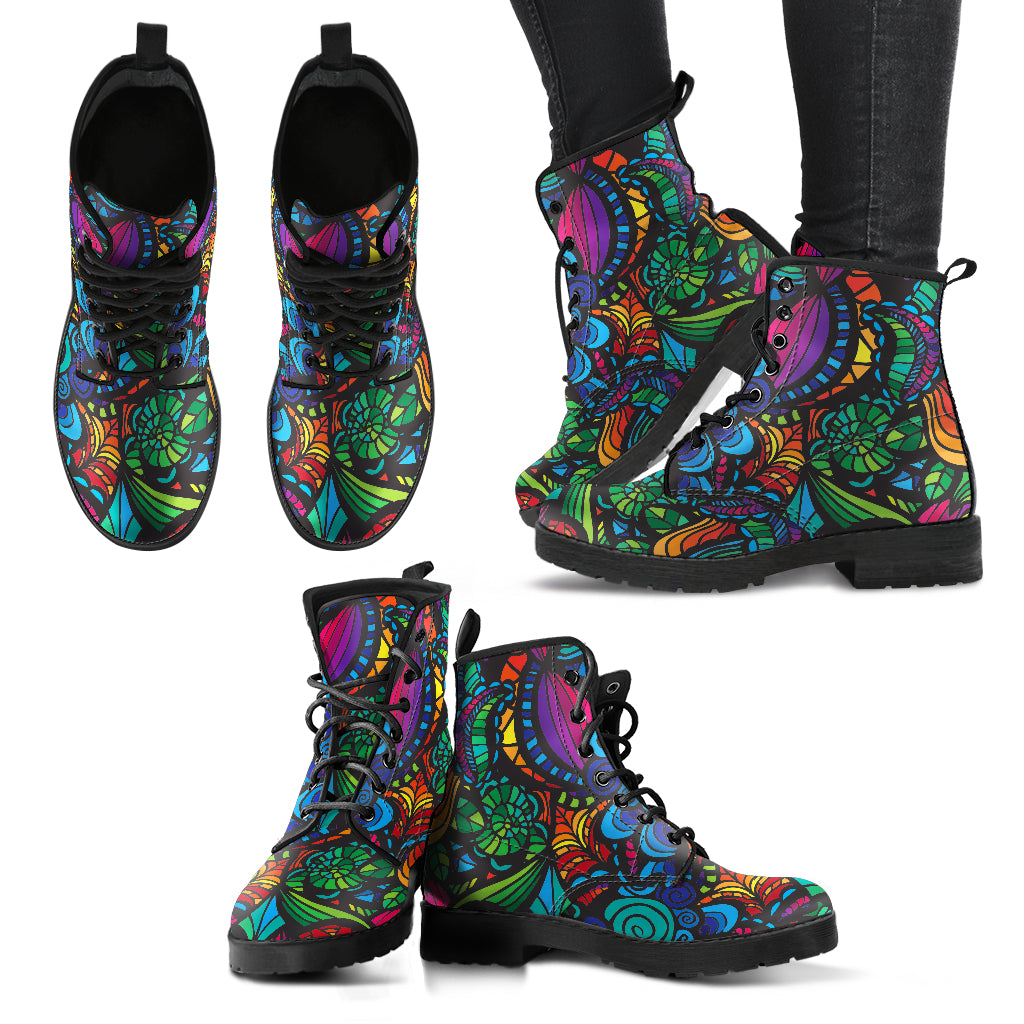 Mosaic Flower Handcrafted Women's Vegan Leather Combat Boots