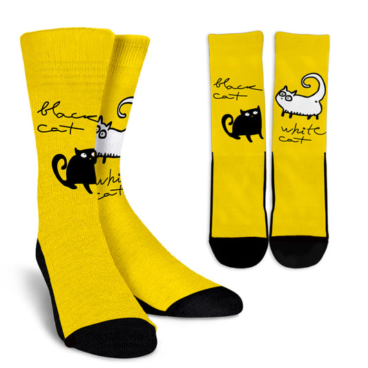 Women's White Cat Black Cat Yellow Socks