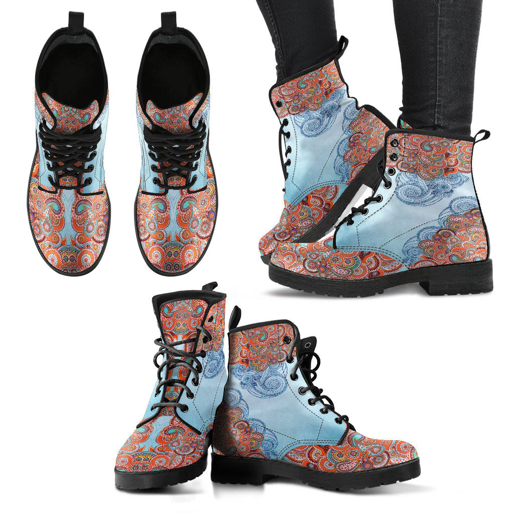 Blue Paisley Mandala Handcrafted Women's Vegan Leather Combat Boots