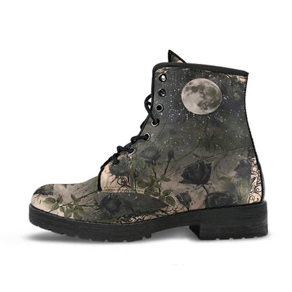 dark black roses moon women's combat boots vegan leather – Sole Design Studio