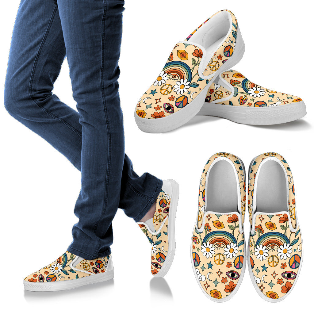 Hippy Rainbow Women's Slip Ons with Daisies