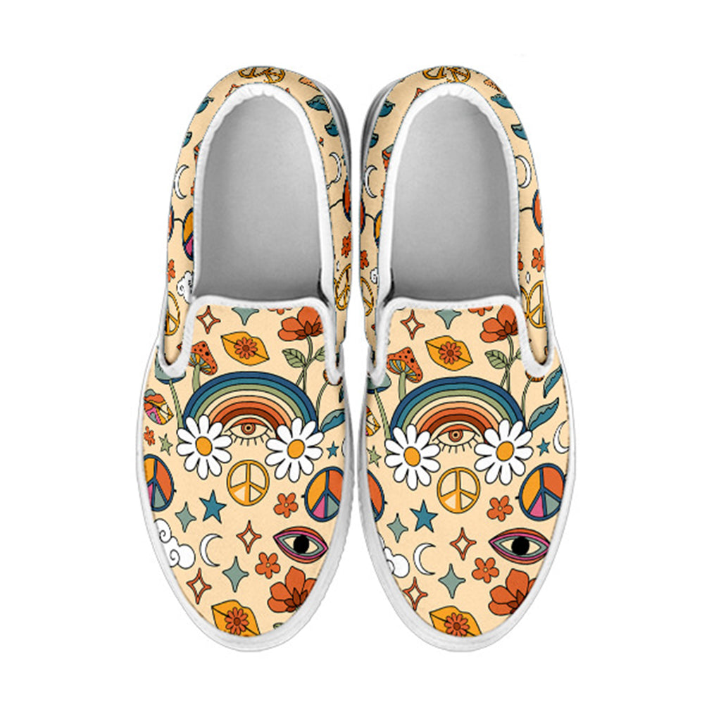 Hippy Rainbow Women's Slip Ons with Daisies