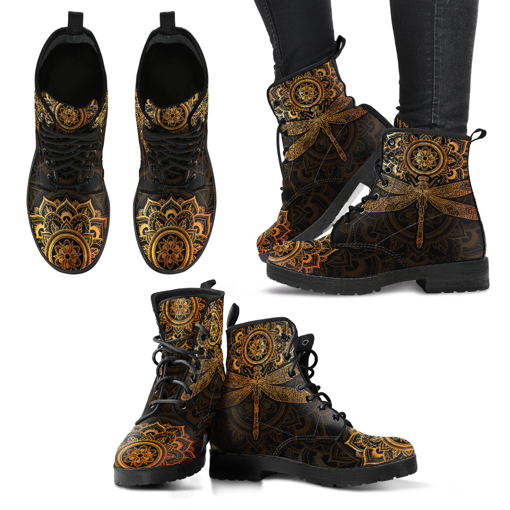 Mandala Dragonfly Rusty Gold Handcrafted Women's Vegan Leather Boots