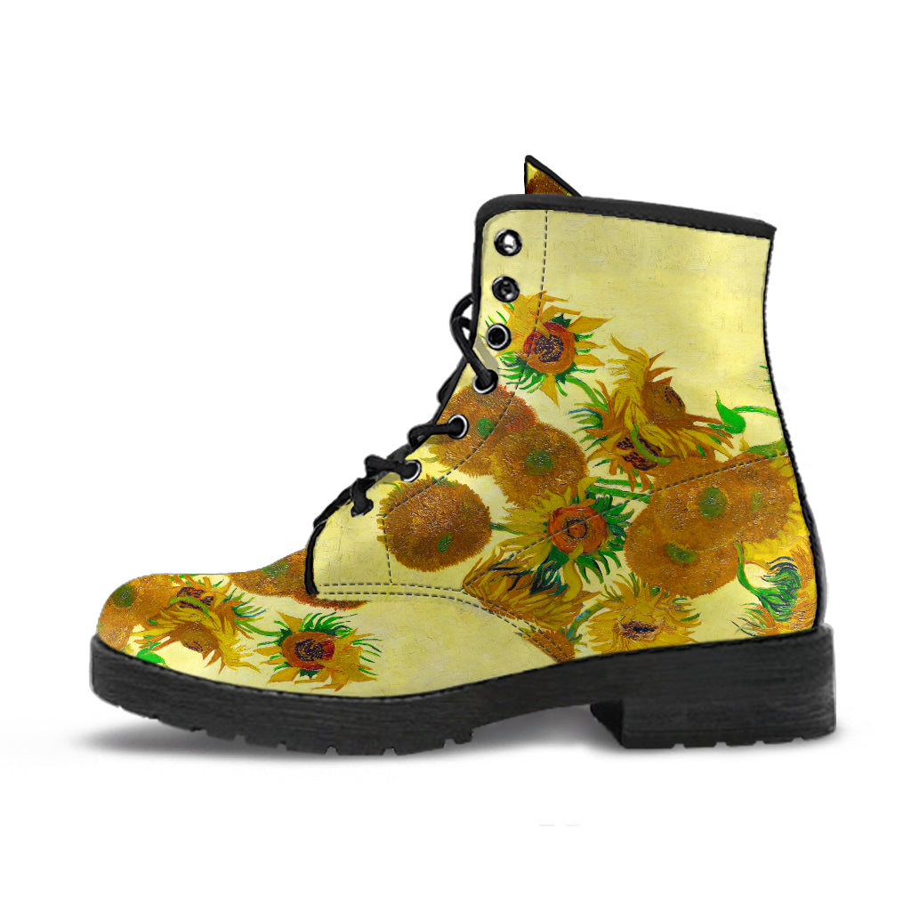 Van Gogh's Sunflowers Women's Vegan Leather Combat Boots