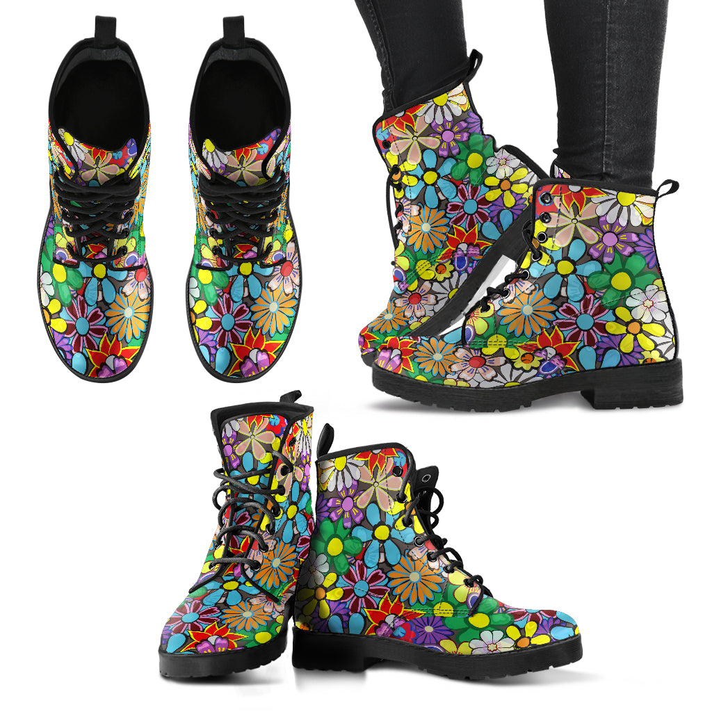 Hippie Flower Power Boho Women's Vegan Leather Combat Boots