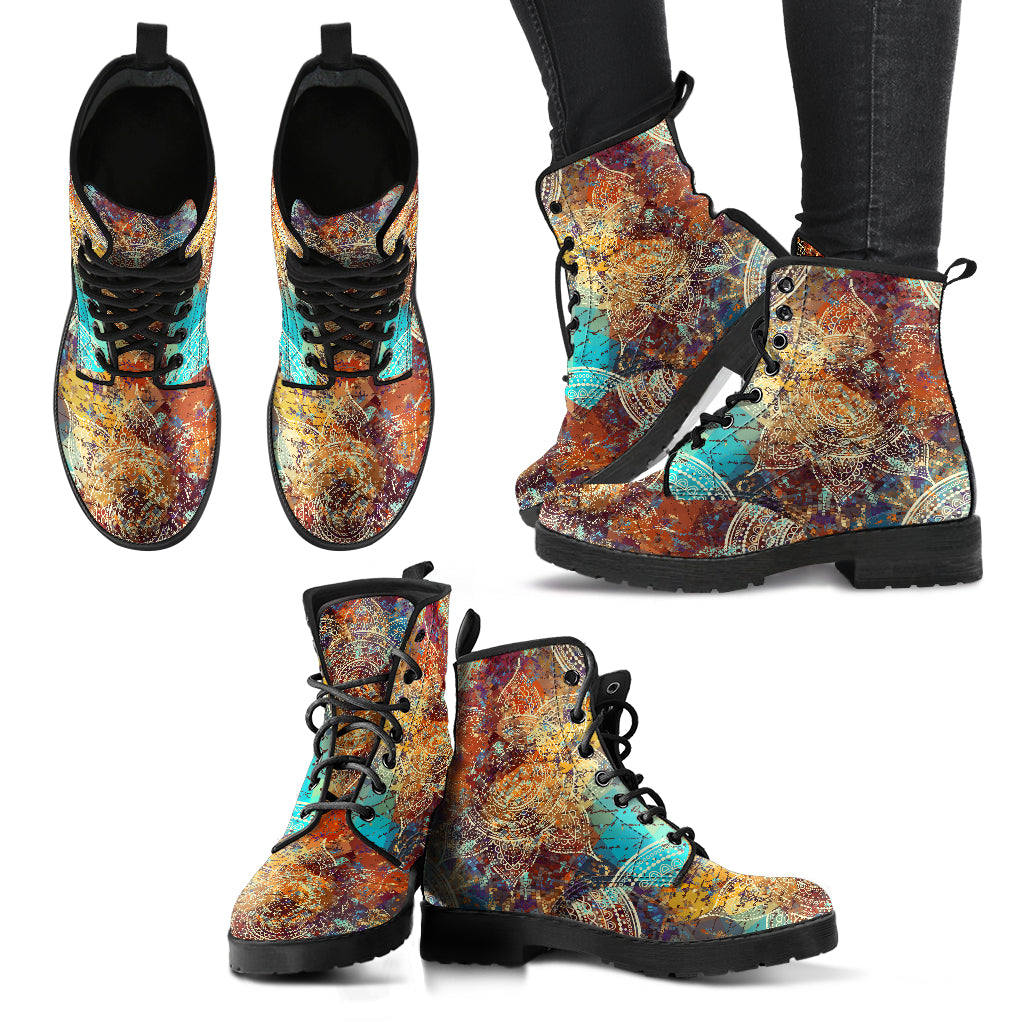 Vintage Mandala with Turquoise Splash Handcrafted Women's Vegan Leather Combat Boots