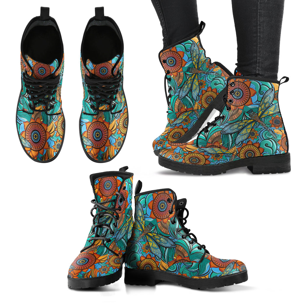 Dragonfly Mandalas Women's Vegan Leather Combat Boots