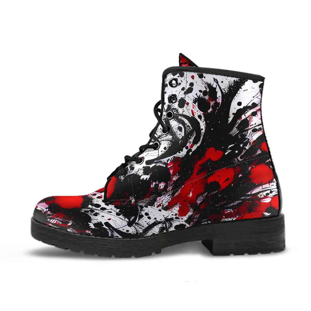 Red And Black Ink Splatter Vegan Leather Combat Boots - READY TO SHIP