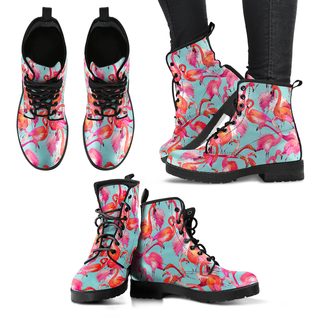 Handcrafted Pretty Flamingo Women's Vegan Leather Combat Boots