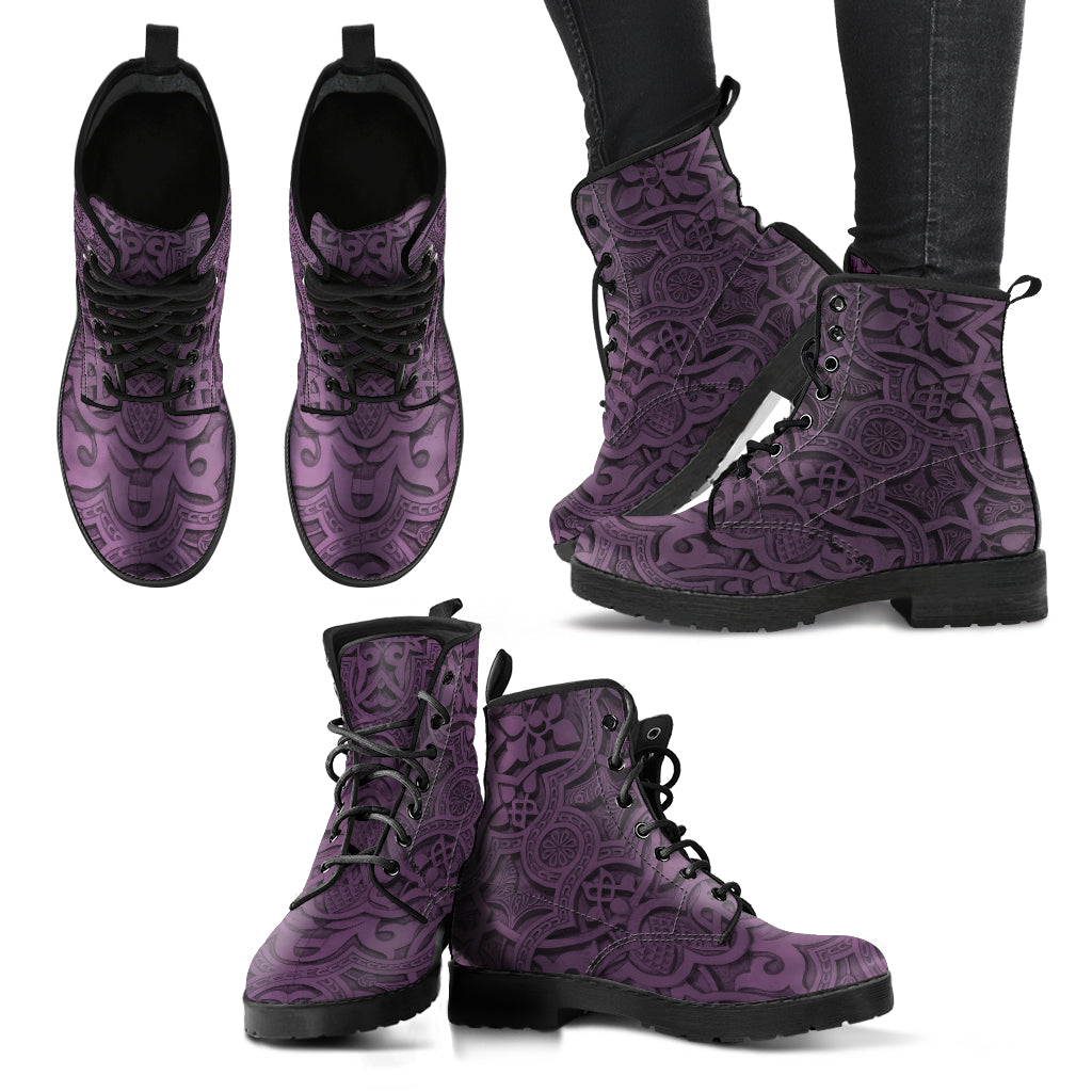 Vintage Mandala Pattern in Purple Taupe - Vegan Leather Boots for Women's