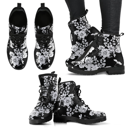 White Flowers Handcrafted Women's Vegan Leather Combat Boots