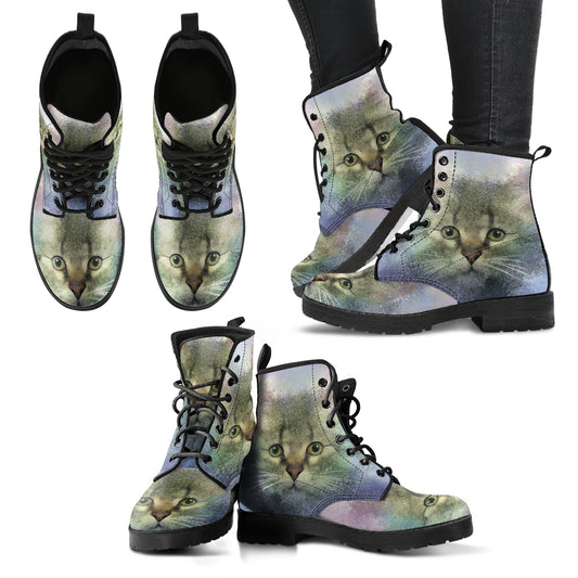 Cute Cat Face Women's Vegan Leather Combat Boots