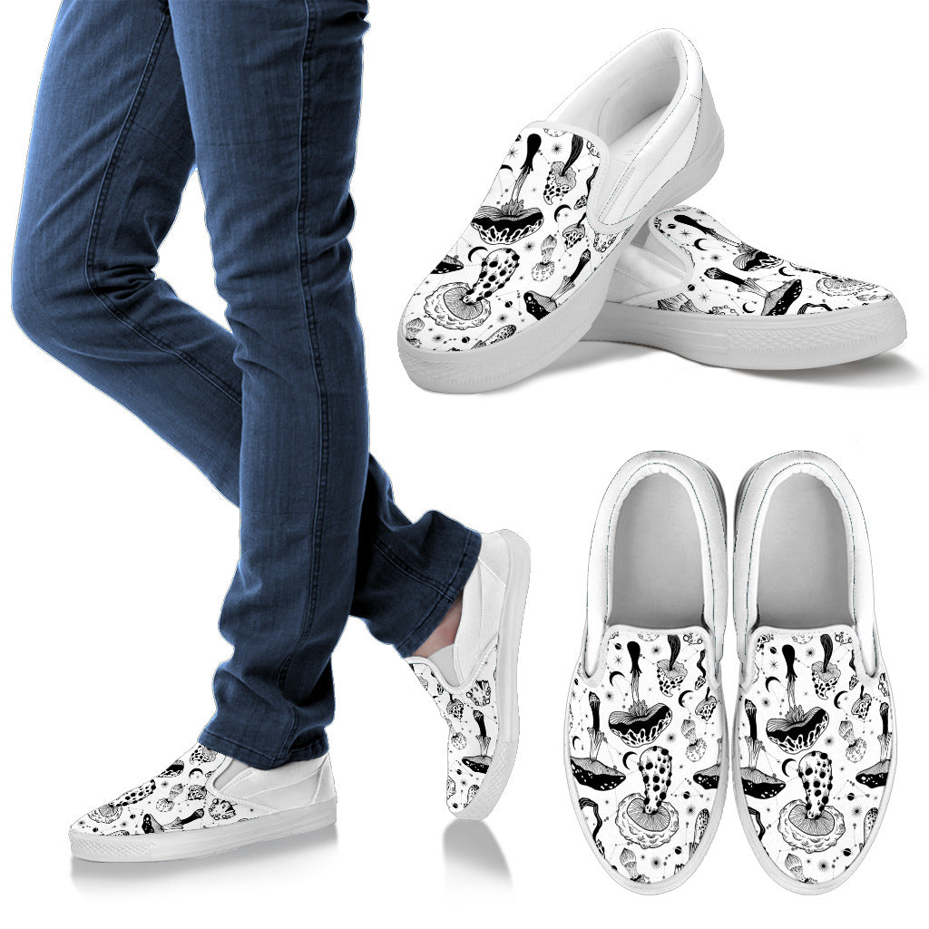 Black & White Mushrooms Women's Slip Ons