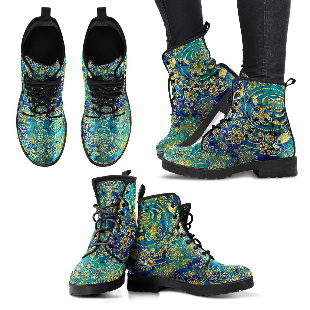 Gold FLoral Handcrafted Women's Vegan Leather Combat Boots