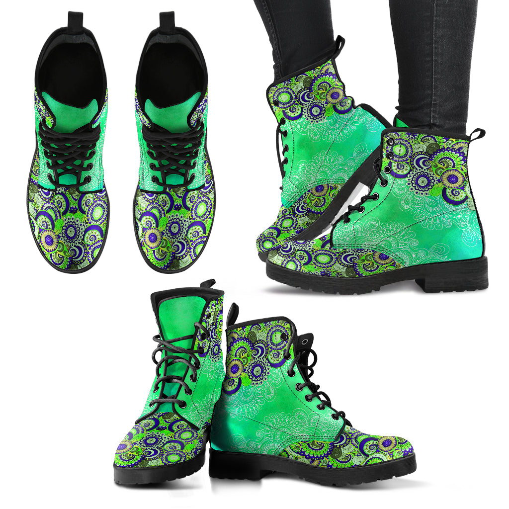 Green Paisley Mandala Handcrafted Women's Vegan Leather Boots