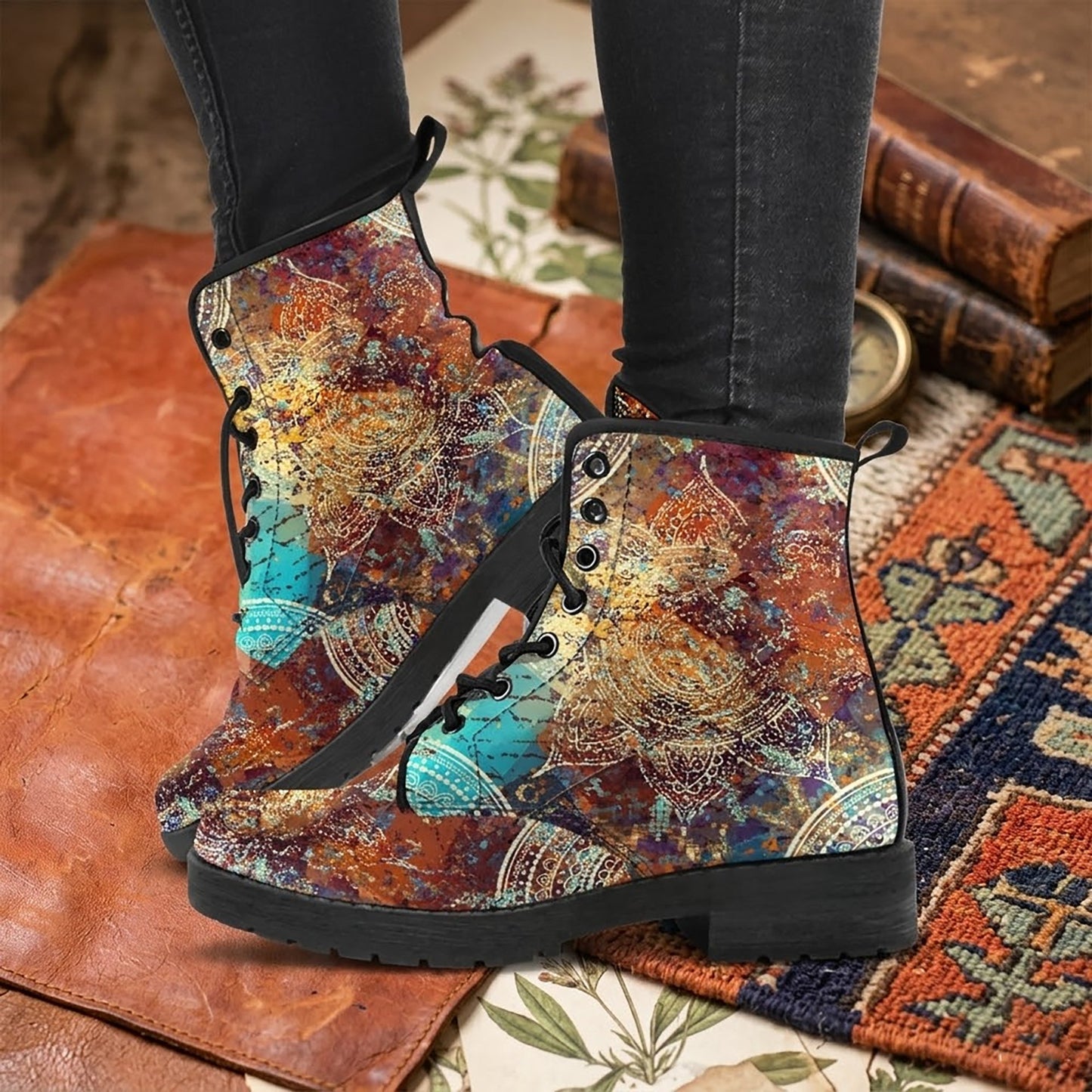 Vintage Mandala with Turquoise Splash Handcrafted Women's Vegan Leather Combat Boots