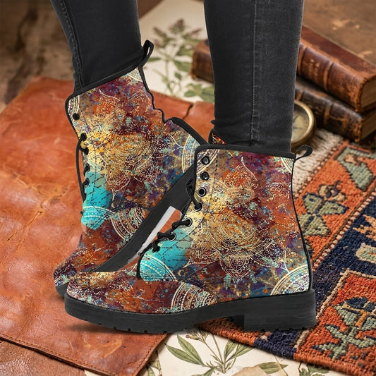 Vintage Mandala with Turquoise Splash Handcrafted Women's Vegan Leather Combat Boots